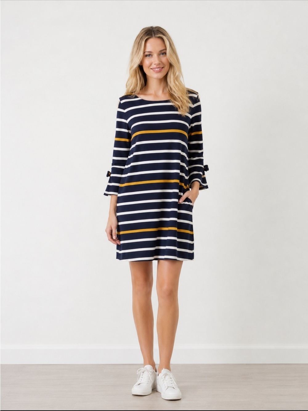 Ann Taylor Blue and Gold Sheath Dress with Bell Sleeves with ties size Medium P